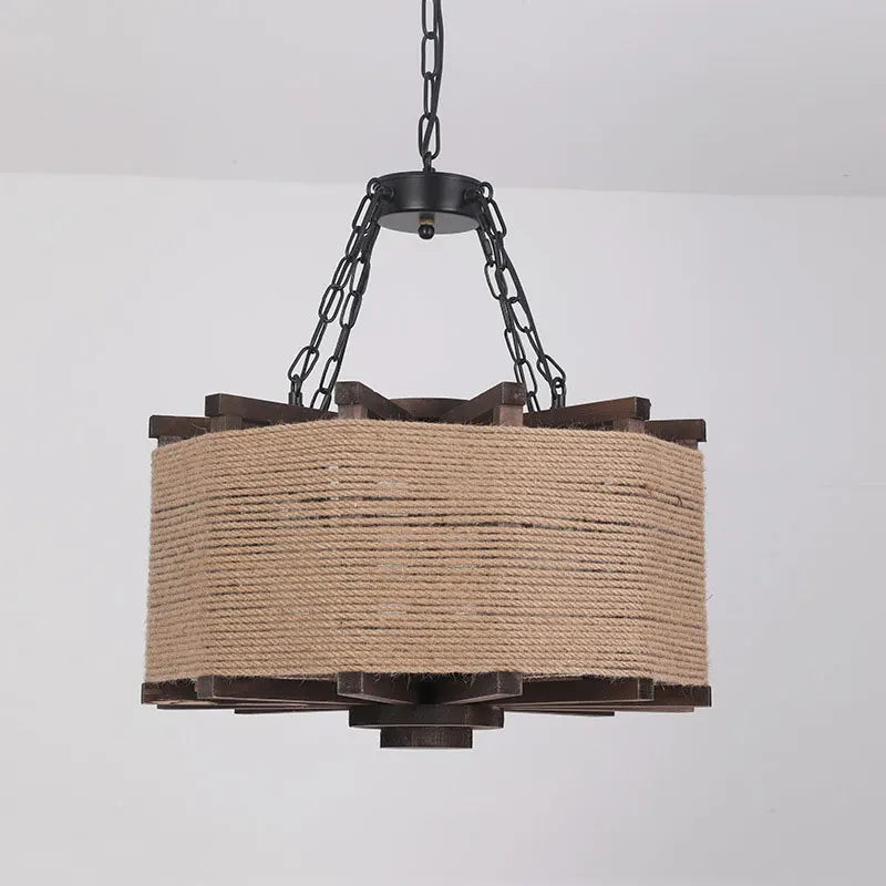 Vintage Industrial Style Hemp Rope Chandelier American Style Rural Coffee Restaurant Bar Creative Personality Solid Wood Lamp
