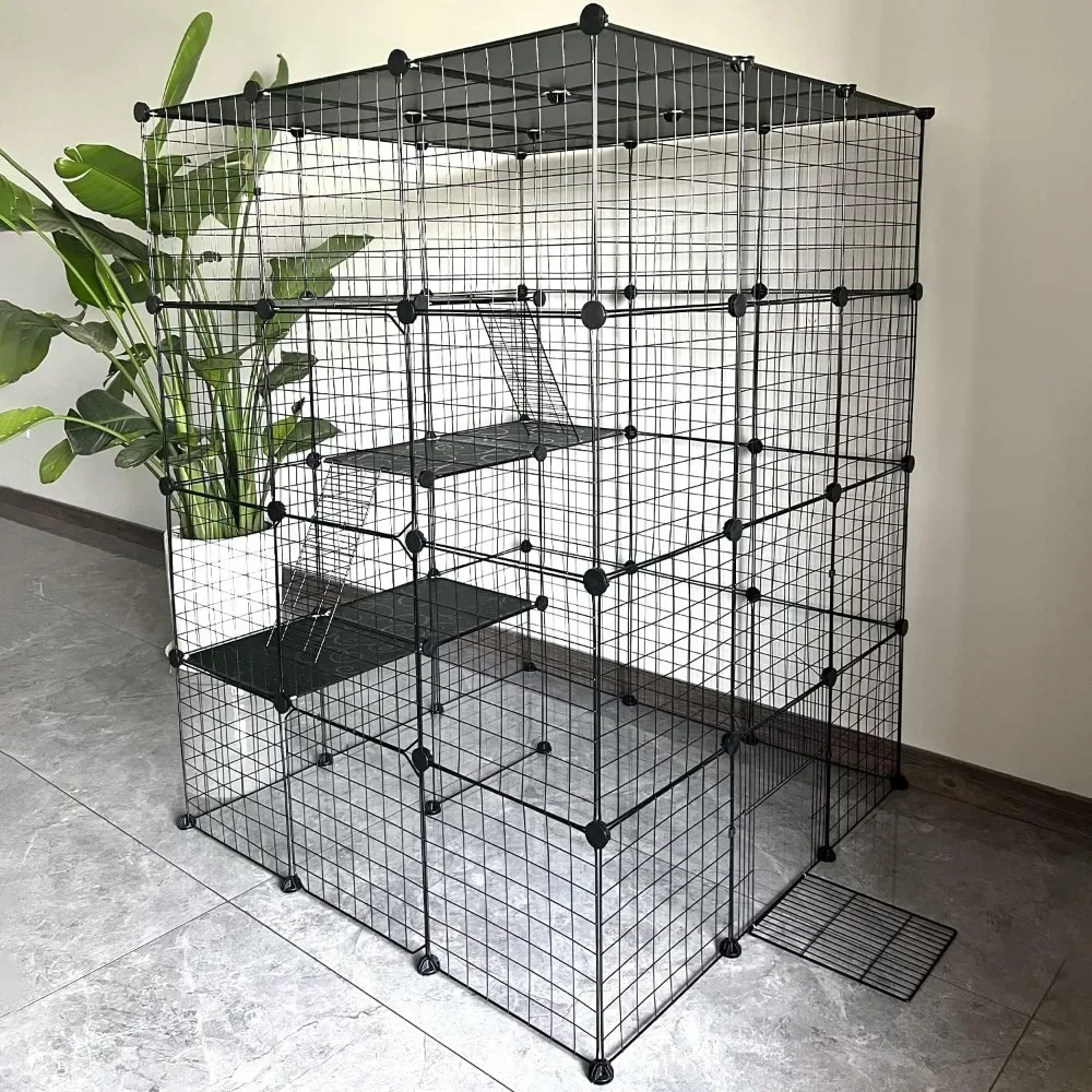 Large Cat Cage Indoor Cat Enclosures DIY Cat Playpen Detachable Metal Kennel with 3 Platforms Beds and 2 Ladders, Ideal