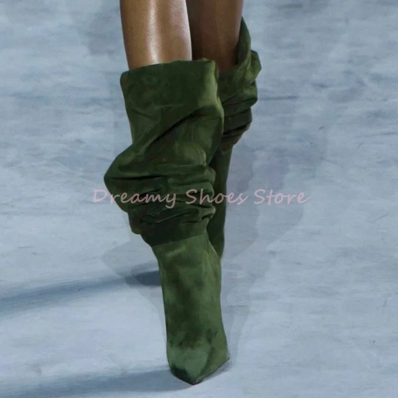 

Pink Leather Pleated Pointed Slim Heel Ankle Boots Women Solid Suede Slip On Short Boots Fashion Versatile Party Ladies Footwear