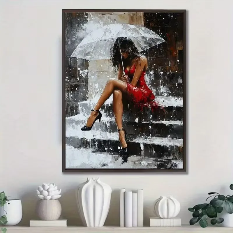 Woman in Red Dress Sat on The Steps Hold Umbrella Poster Print Animal Canvas Painting Wall Art Picture for LivingRoom Home Decor