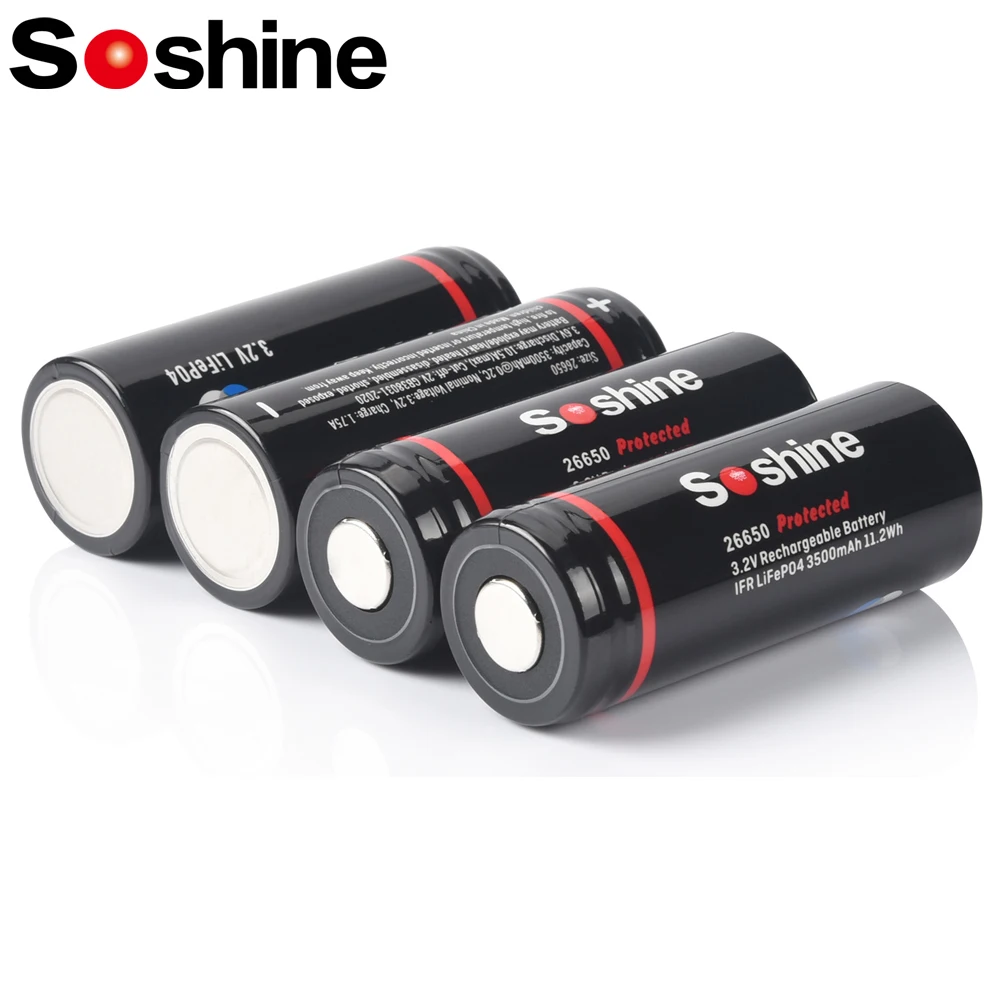 Soshine 3500mAh LiFePO4 26650 Battery with Protected 3.2V 3500mAh Rechargeable Batteries 1500 Cycles for Electric Toy Flashlight