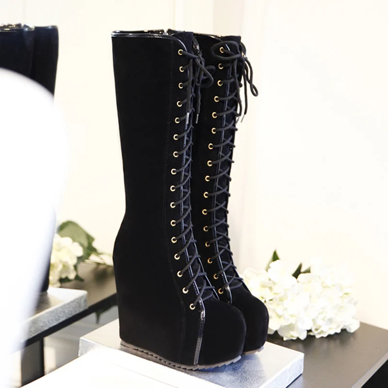Fashion Knee High Boots Women Platform Sexy Wedge Heels Women's High Boots Flock Lace-up Round Toe Black Dance Shoes For Girls image 4