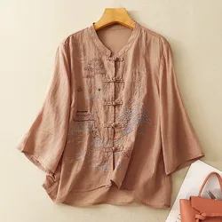 Chinese Style Casual Shirt Women New Arrival 2024 Summer Vintage Embroidery Loose Comfortable Female Cotton Tops Shirts W1808