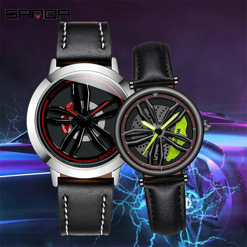 SANDA-reloj de cuarzo deportivo con esfera giratoria para coche, cronógrafo de lujo con correa de cuero, estilo informal, resistente al agua, novedad de 1010, 1074, 360