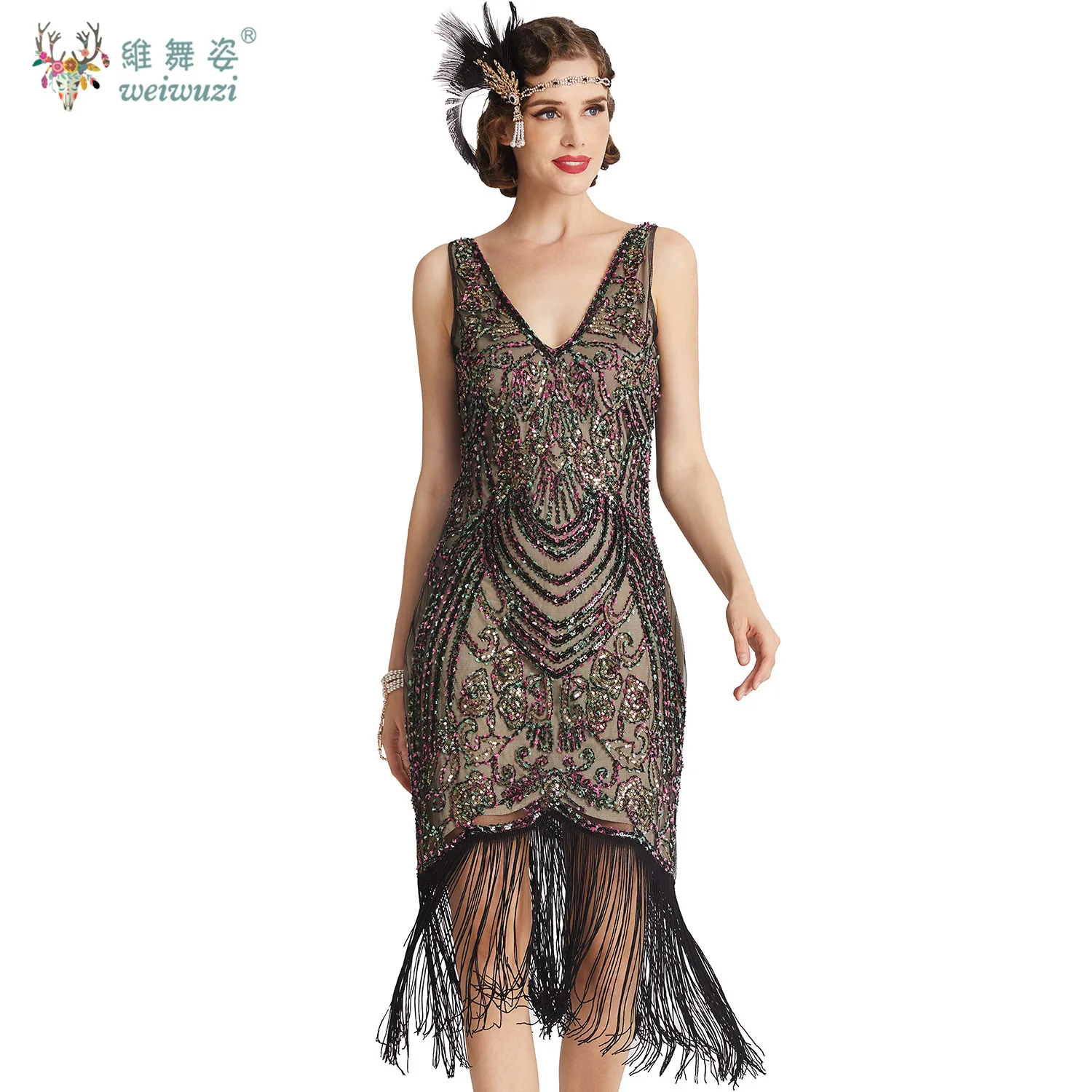 

Extremely Charming and Elegant Retro Makeup Ball V-neck Sleeveless Lady Tank High End Dress Gatsby Party Glitter Tassel Dress