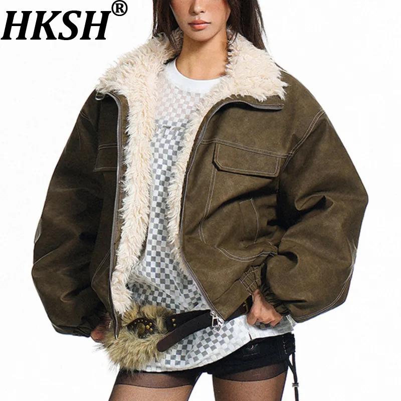 

HKSH 2023, новая зимняя женская теплая куртка с воротником-стойкой и карманами на молнии, модное утепленное стеганое пальто в американском стиле ретро для пар HK14705