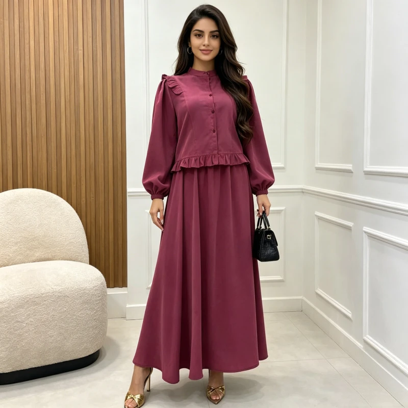 

Muslim Skirt 2 Piece Set Women Top Long Skirts Suit Ramadan Morocco Dubai Single Breasted Ruffles Shirt Ensemble Outfits 2026