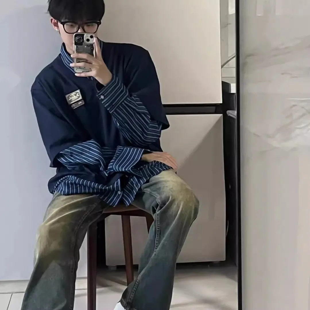 

plus Size 300 Pou Men's Autumn Winter Striped Base Layer irt Faionable Patchwork Ins Two Piece Look Polyester Fabric