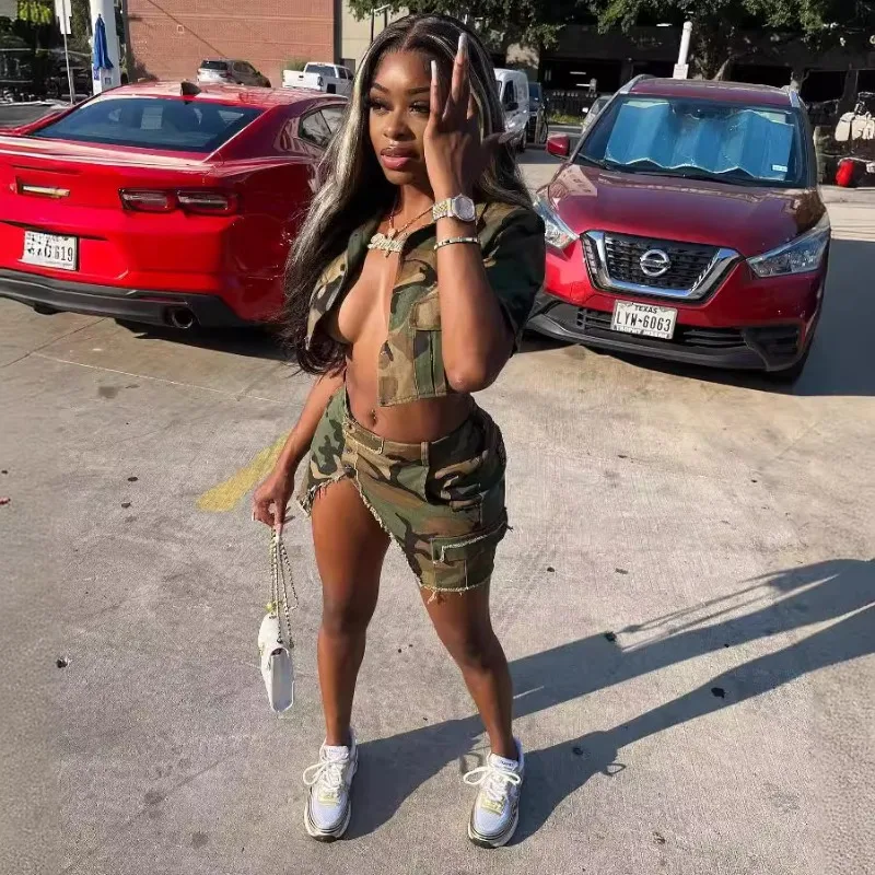 Women Cargo Camouflage Cotton Irregular 2 Piece Set Pockets Short Sleeve Single Breasted Crop Top + Mini Skirts Streetwear Suits