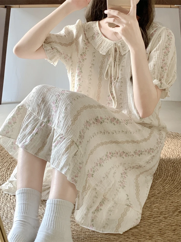 

Sweet Floral Print ort Sve Sp Dr Women's 2024 New Summer Cute Student Doll Collar Nightgown Casual Home Wear