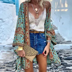 BAMBOOBOY Summer Beach Cardigan Vintage Holiday Shirt Bohemian Women Floral Printed Long Sleeve Blouse Kimono Tops Open Up Cover