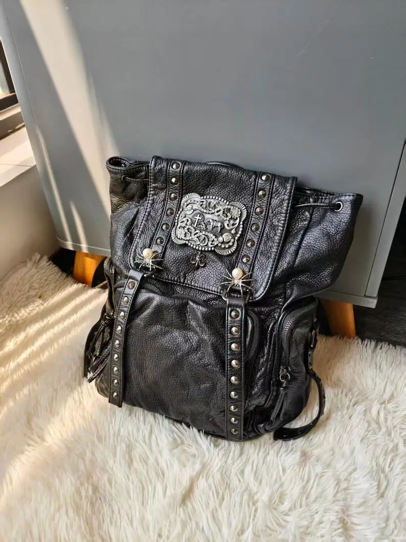 Black Pebbled Faux Leather Backpack Silver Decorative Plate Spider Pearl Studded Hardware Gothic Backpack