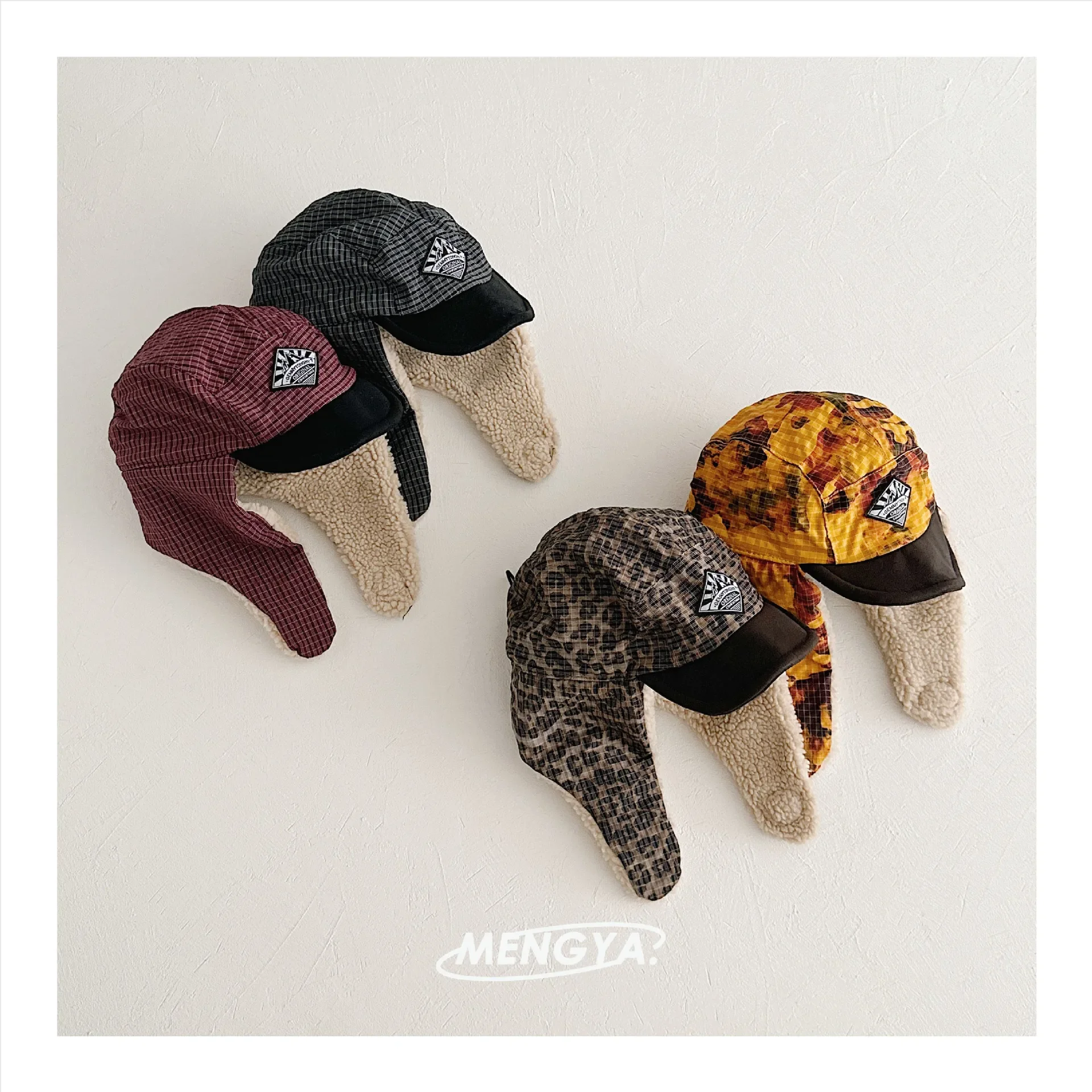 Children Winter Camp Cap Fleece Ear Flaps Hat Boys Girls Vintage Letter Print Windproof Thermal Ear Protection Bomber Hats