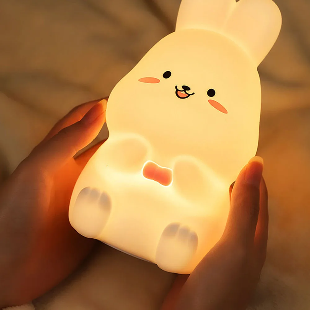 Adorável Coelhos Silicone Night Light, Desk Night Light, Crianças, Crianças, Decoração do quarto de adultos, Lâmpada recarregável