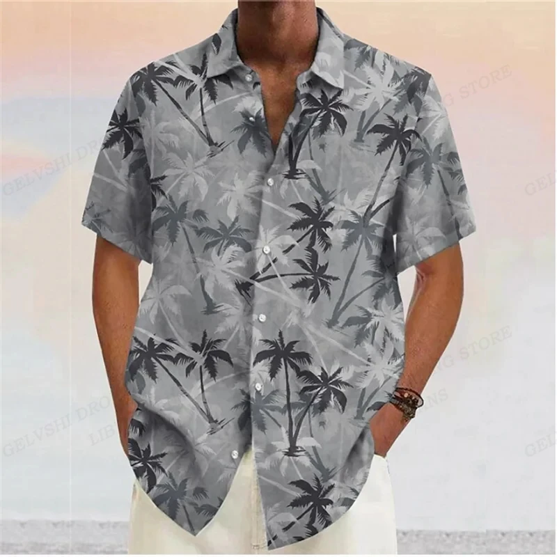 Camisa de manga curta masculina havaiana de coqueiro lapela, blusa floral, gola virada, roupas masculinas, moda verão