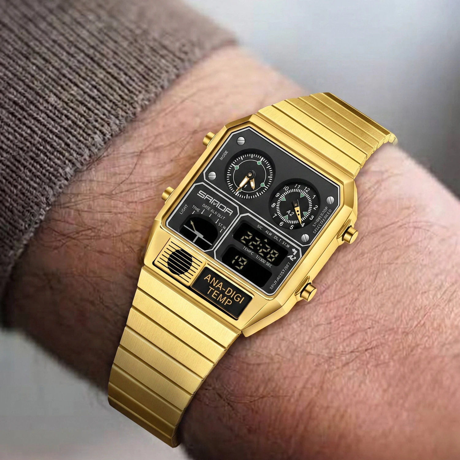 CILOA Temp Watch Retro Futuristic Multi-Function Analog-Digital Watch Gold-Tone Stainless Steel Bracelet
