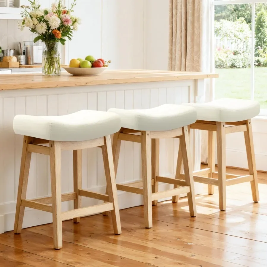 

Counter Height Bar Stools Set of 3 for Kitchen Island Modern Barstools with Upholstered Faux Leather Backless Seat and Solid Wo
