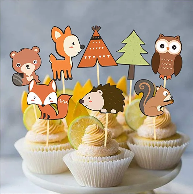 1Pack Cute Cake Toppers Paper Woodland Forest Animals Theme Cupcake Toppers Picks  Kids Birthday Wedding Party Decoration