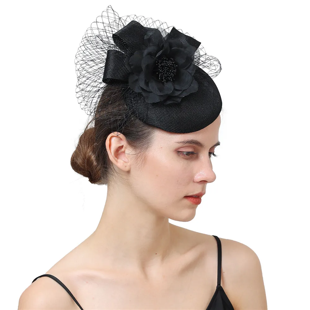 Sombrero de boda de imitación de Sinamay para mujer, tocado con Clip para el pelo, tocado de boda, accesorios para el cabello de malla