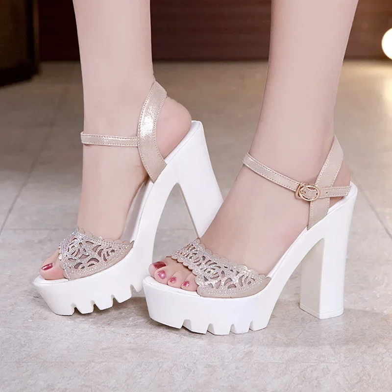Small Size 32-43 Elegant Rhinestone Wedding Shoes Bride Summer 2025 Block High Heels Sandals Women\'s Platform Sandals Office
