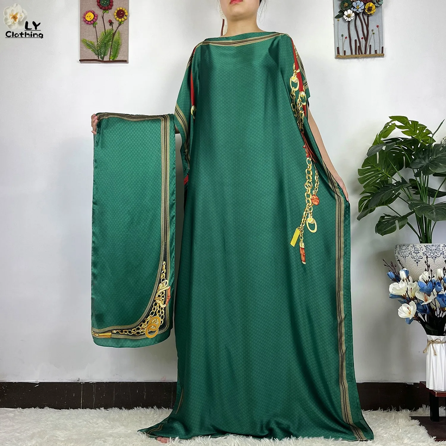 2023 New African Fashion Short Sleeve Colored Pattern Dubai Women Summer Real Silk Soft Printing Loose Tradition Muslim Dress