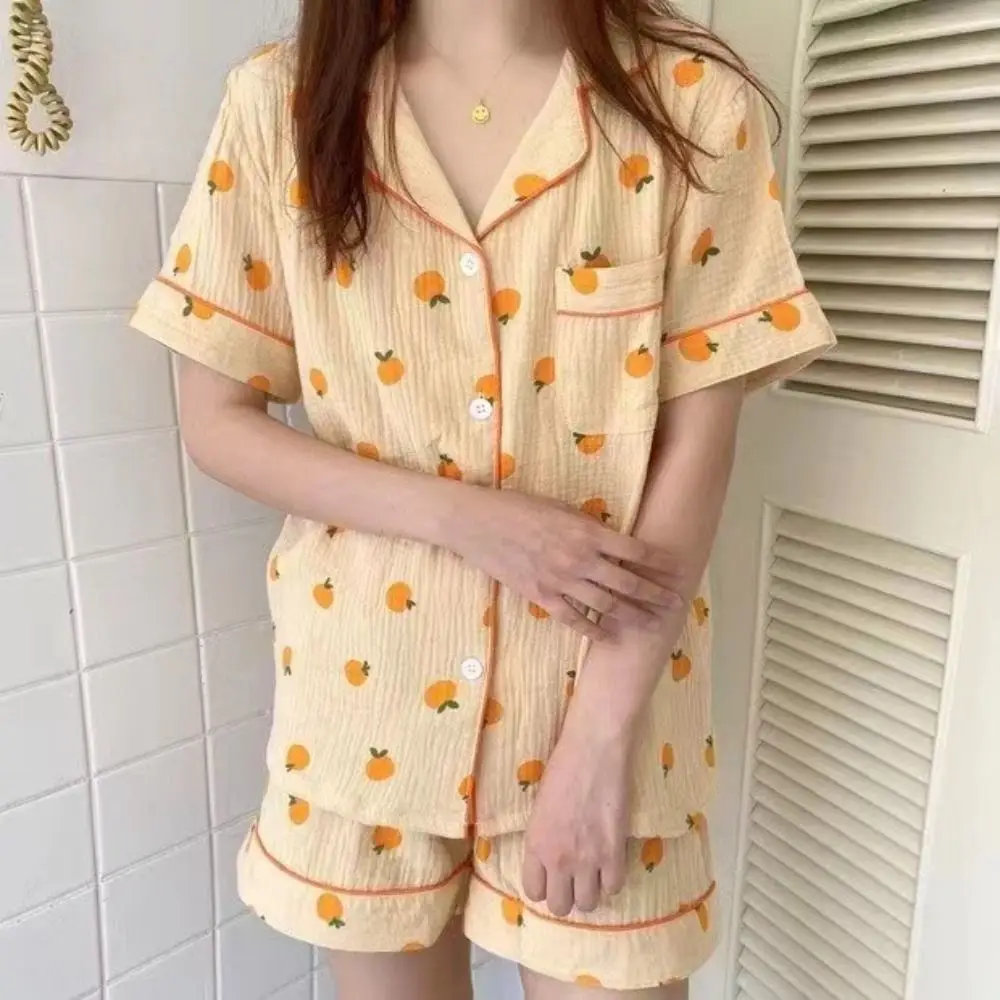 

Fashion V-neck Fruits Pajamas Suit Loose Homewear Two Piece Nightwear Sweet Short-sleeves Orange Nightdress Set Home