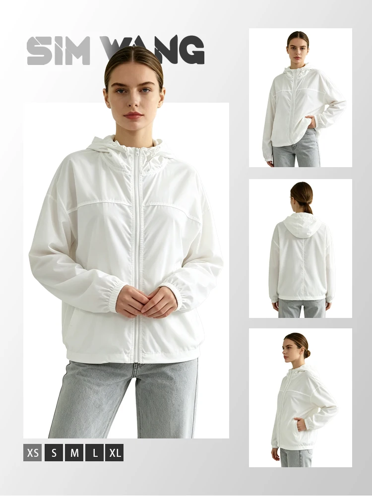 White Hooded Sun Protection Jacket for Women - Loose Short Style, Breathable, Thin, Zipper, Outdoor UV Protection Sunshade Coat