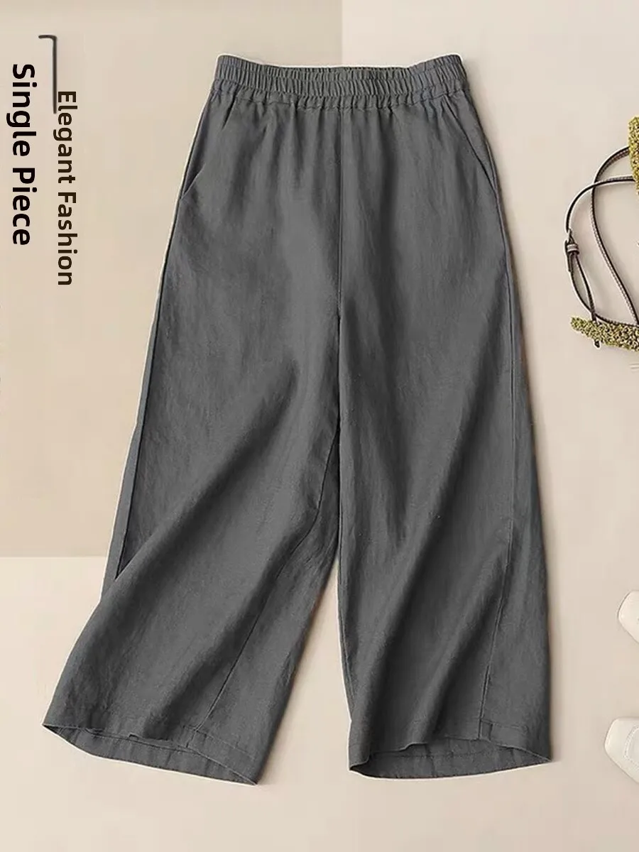 Pantalons larges en coton et lin pour femmes, été, nouveau, coupe droite, fin, décontracté, grande taille, pantalon à neuf points, taille haute, pour le travail