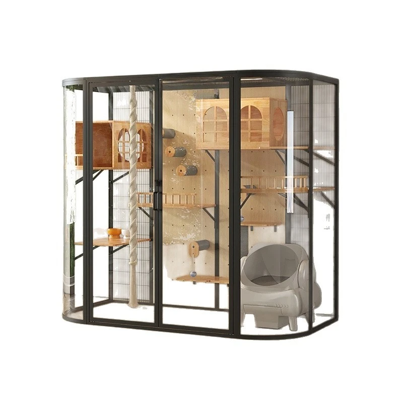 Tianlong cat cage  villa panoramic glass solid wood DIY nest pet house panoramic glass cat cage