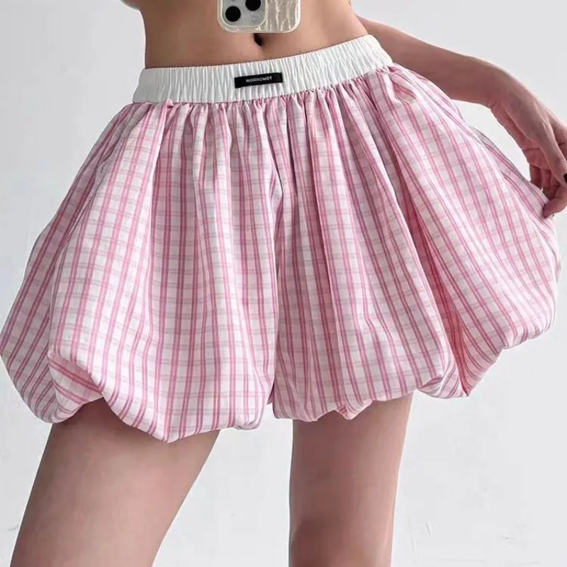 Lindas culottes a cuadros esponjosos con brotes para mujer, novedad de verano 2021, falda corta holgada de cintura alta en forma de A