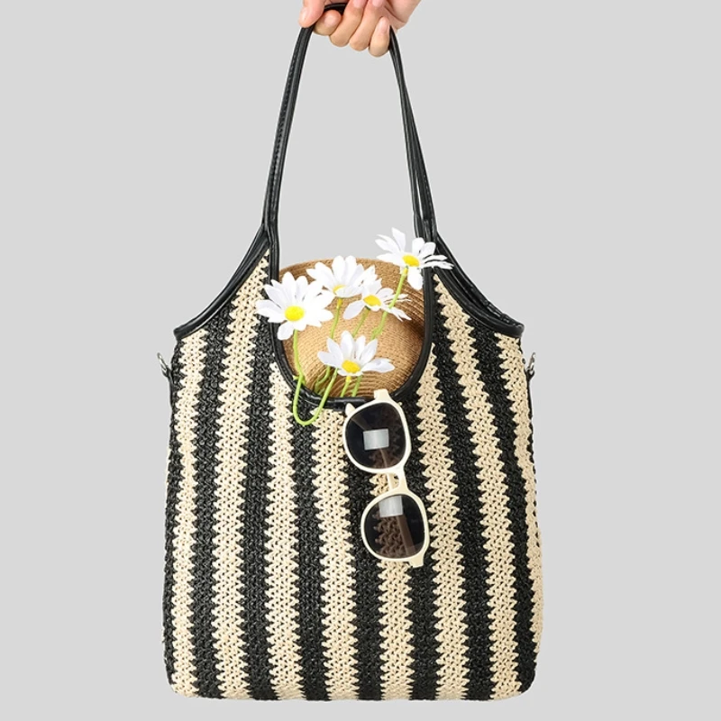 

Contrasting Color Stripes Retro Woven Grass Bag Large Capacity Straw Shoulder Bag Design Two-piece Set Women's Beach Seaside Bag