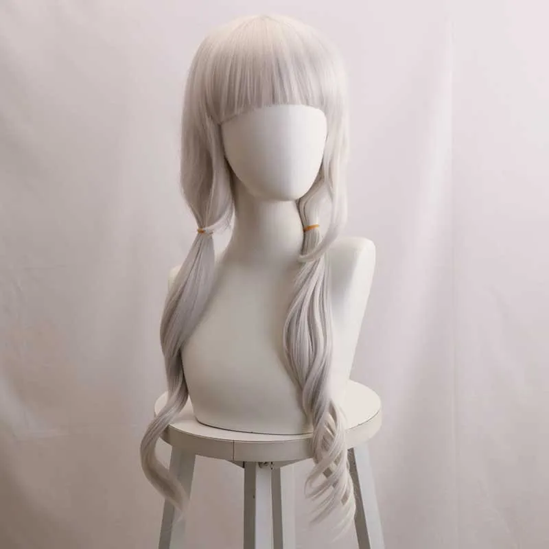 Danganronpa V3 Yachiru Kanzaki Peruka Cosplay Srebrno-biała 70cm Kręcone Włosy z Wąsą Wysokotemperaturowy Jedwab