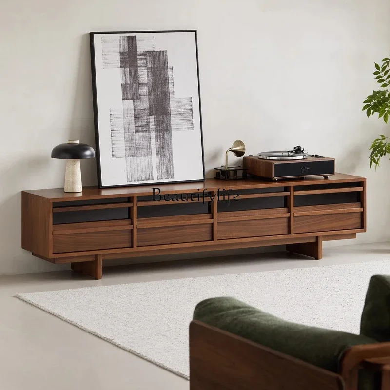 

01Solid wood TV cabinet, black walnut living room floor-to-wall storage locker