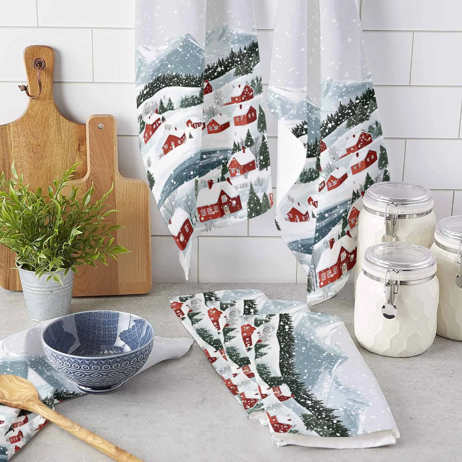 Christmas And Winter Snowflake Town Printed Tea Hand Towel Kitchen Dishcloth Water Absorption Household Cleaning Cloth