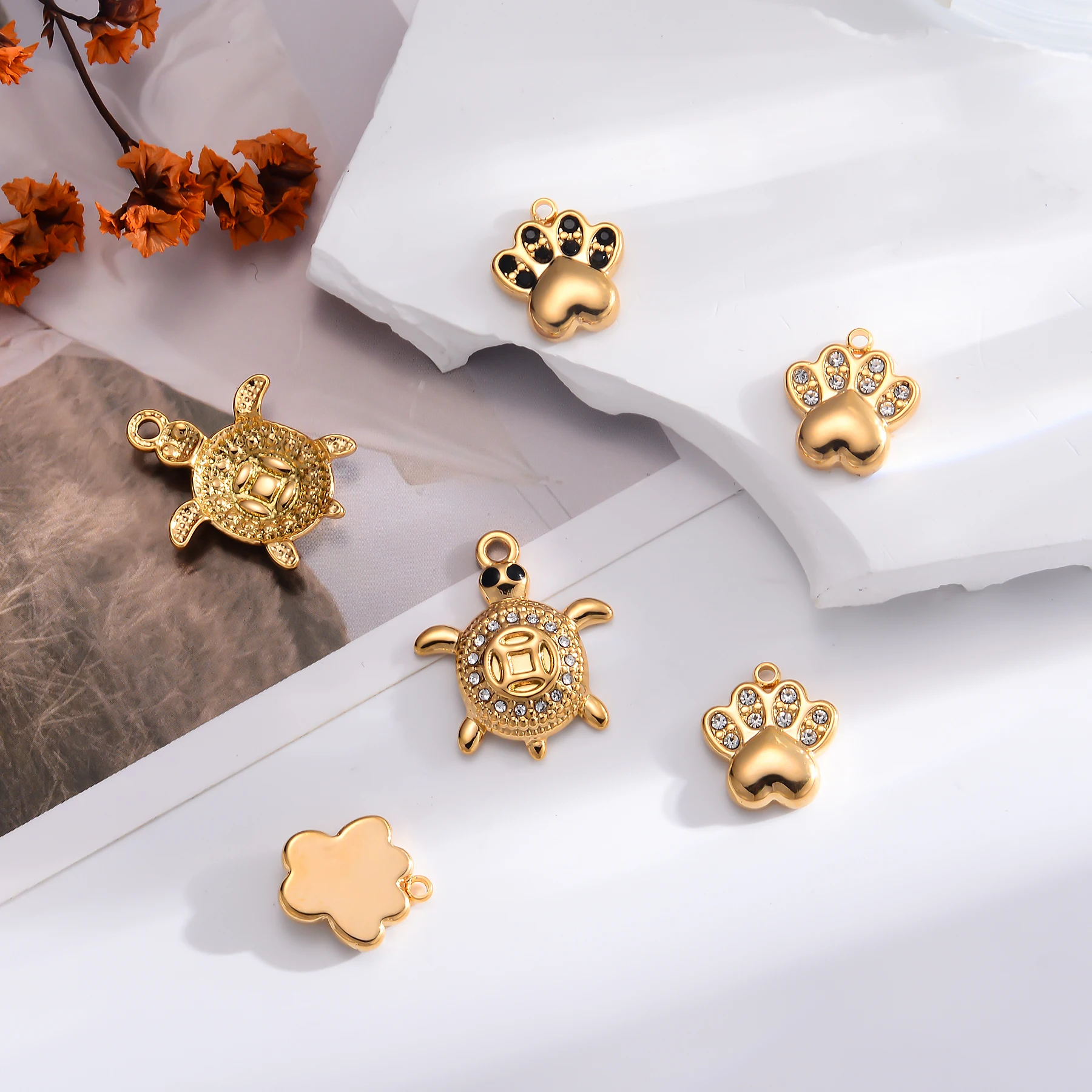 2 قطعة إكسسوارات السلحفاة الحيوانات الأليفة مع سحر حجر الراين DIY بها بنفسك صنع سوار الفولاذ المقاوم للصدأ قلادة أقراط المعلقات #5