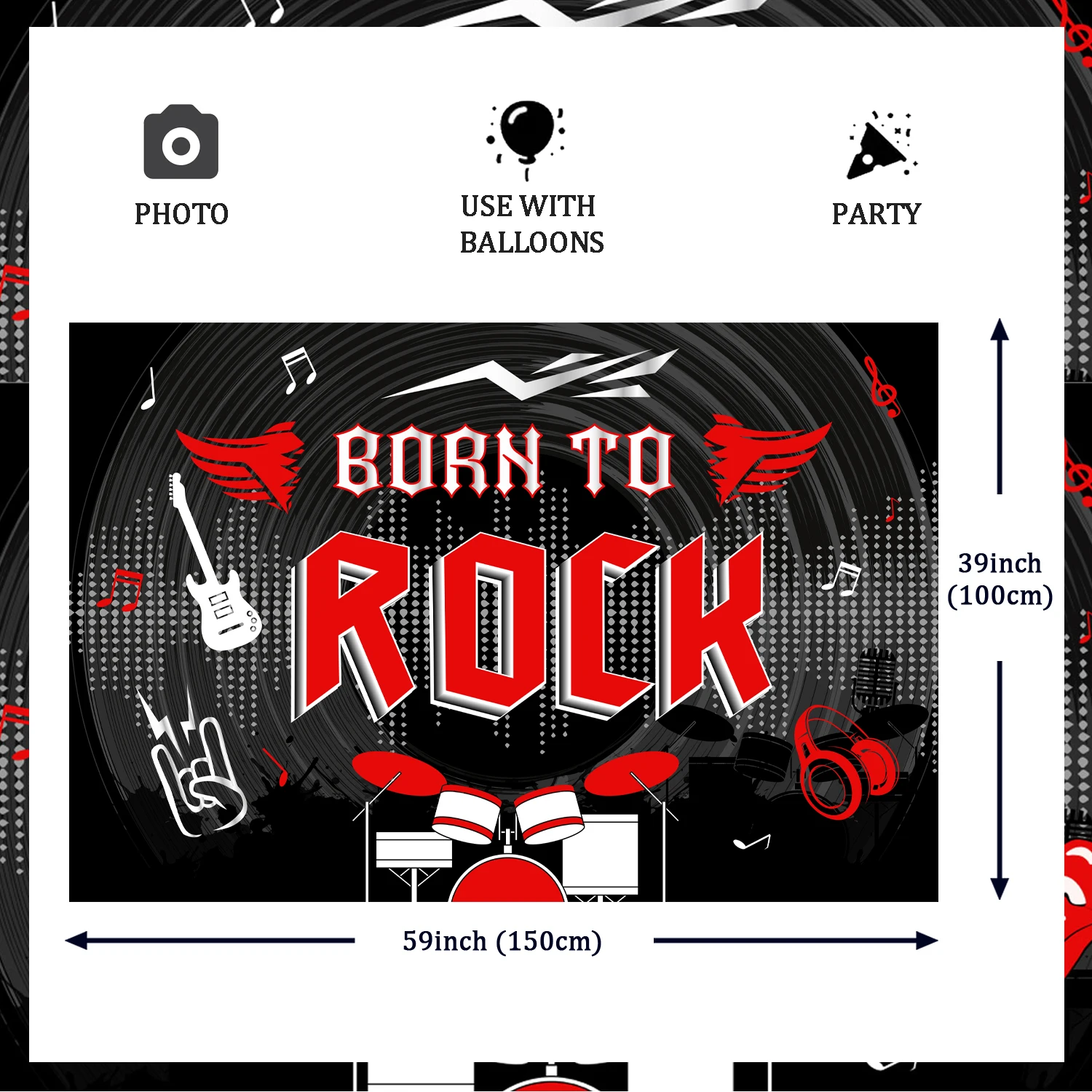 Funmemoir Born To Rock Backdrop 1950's Rock and Roll Birthday Party Decorations Red Black Retro Rock Music Themed Party Supplies