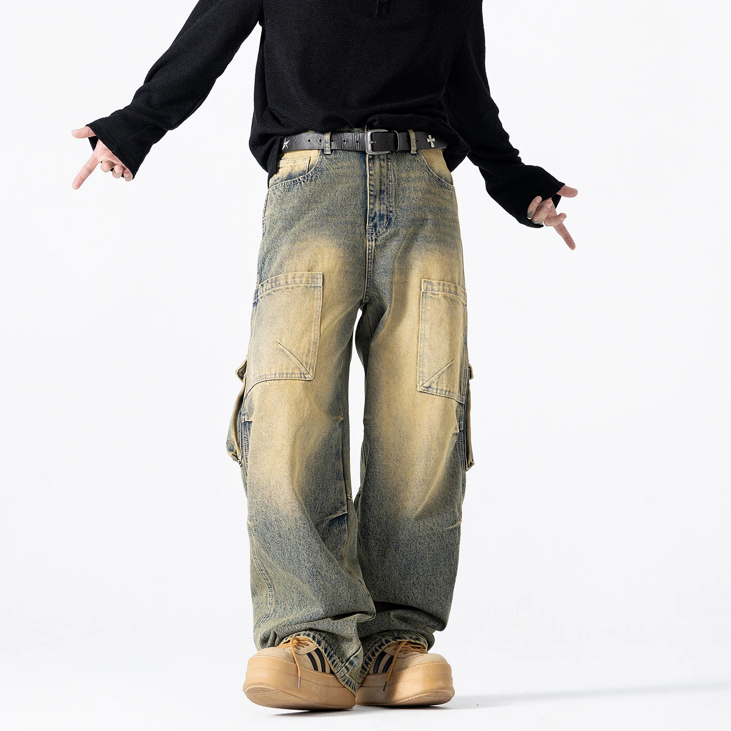 Vintage Denim Pant Jeans Men Streetwear Fashion Loose Casual Hip Hop Plus Size Multi Pocket Cargo Baggy Jeans Pants Trousers