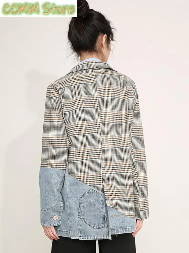 Damska niebieska dżinsowa marynarka w kratę w dużym rozmiarze nowa klapa z długim rękawem luźna kurtka moda fala wiosna jesień