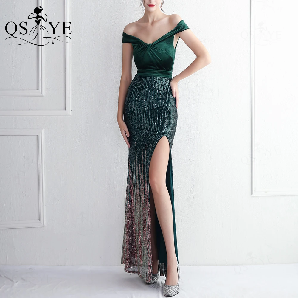 

Off Shoulder Green Evening Dresses Open Split Velvet Prom Party Gown Fading Sequin Crisscross Formal Emerald Celebrity Dress New