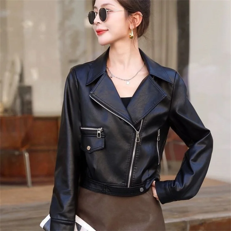 

Leather Jacket Coat Women Spring Autumn 2026 New High-end Versatile Motorcycle Leather Jacket Korean Women Receive High Praise