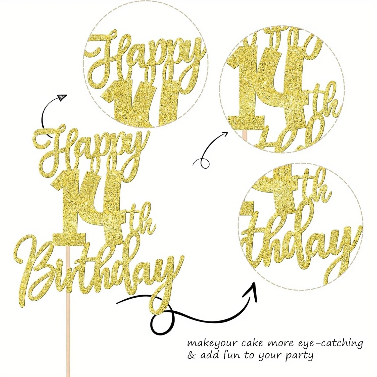 1 Stück goldener Glitzer-Kuchenaufsatz zum 14. Geburtstag – Prost bis 14 Jahre, vierzehn Hallo 14 Kuchendekoration – Detail 3