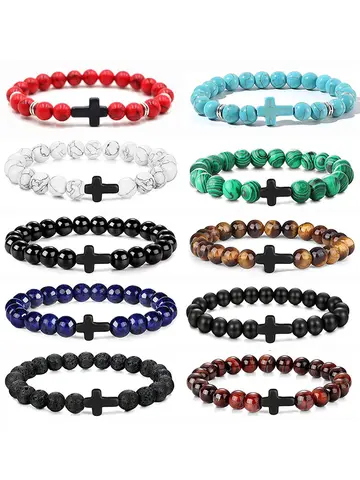 Prayer Men Natural Stone Wood Beads Rosary Hematite Cross Bracelets Onyx Meditation Bracelet Women Yoga Jewelry Homme Pulsera
