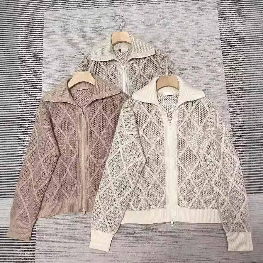 New Women's Clothing Cashmere Wool Top Gold Silk Knitted Cardigan All-Match Jacket