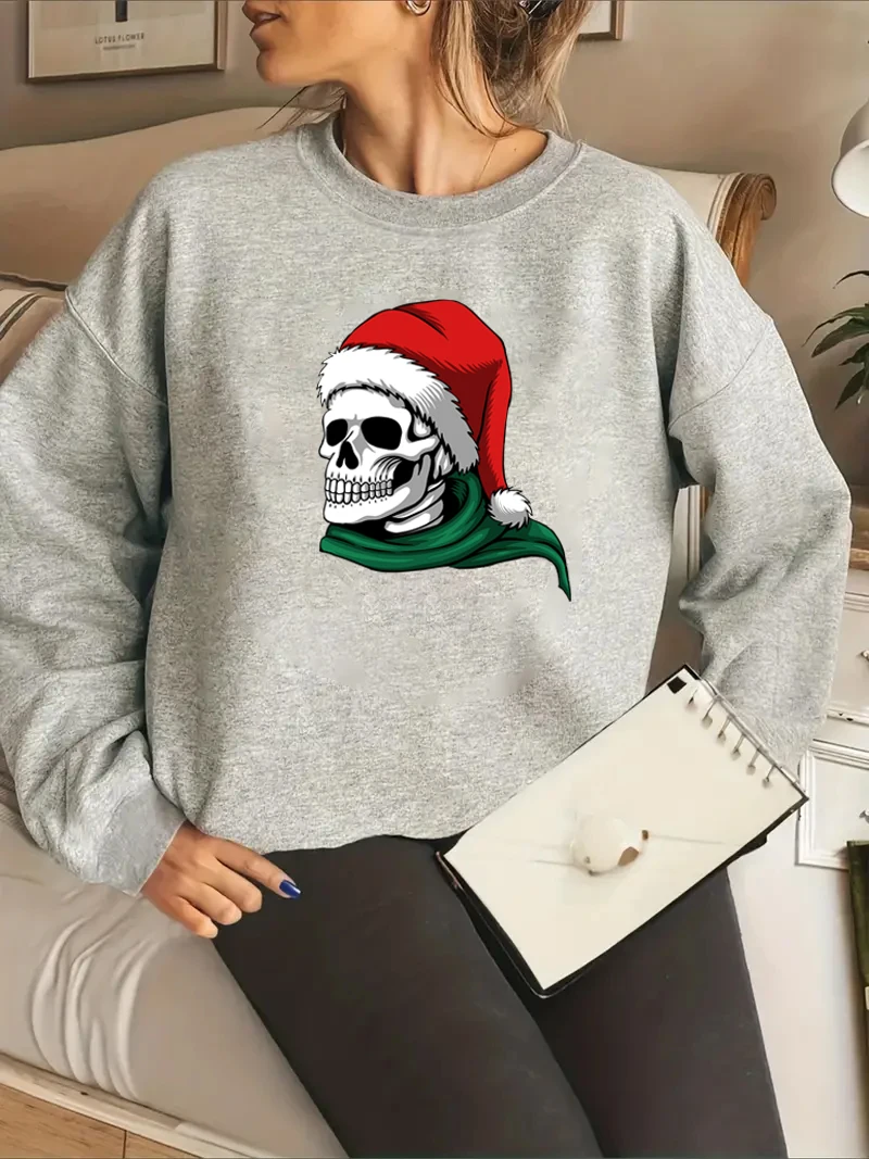 Christmas hat skull print long-sleeved hoodie, women's comfortable crewneck hoodie suitable for daily work casual wear women