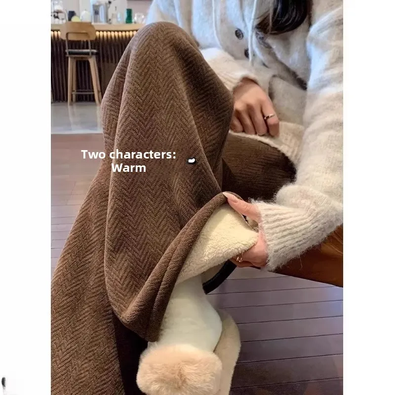 

Lamb Velvet Wide Leg Pants Men's Autumn Winter Lazy Loose Drapey Fce Lined Straight Casual Trousers Comfortable Loose Fit