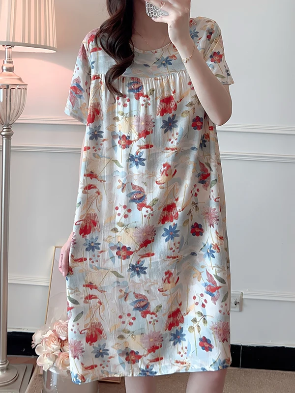 

Summer Casual Floral Print Cotton Sleepwear Midi Dress round Neck Short Sleeve A-Line Gown Comfortable Breathable Women's Dress