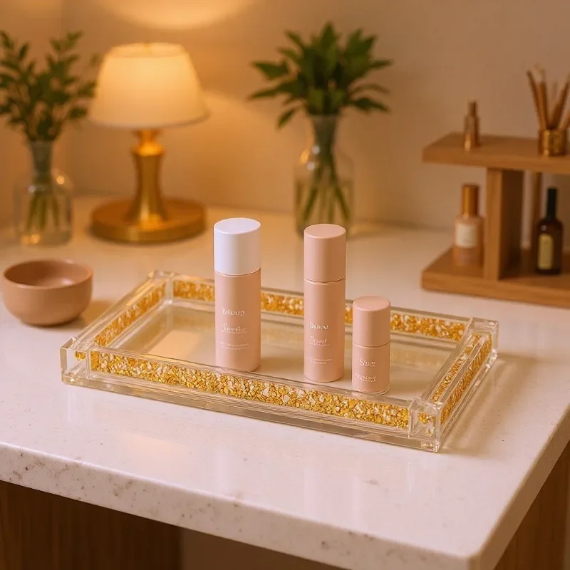 Luxury Glass Plates Elegant Display Trays Bathroom Waterproof Fine Diamond Design Storage Tray Modern Pretty Rectangular Plate