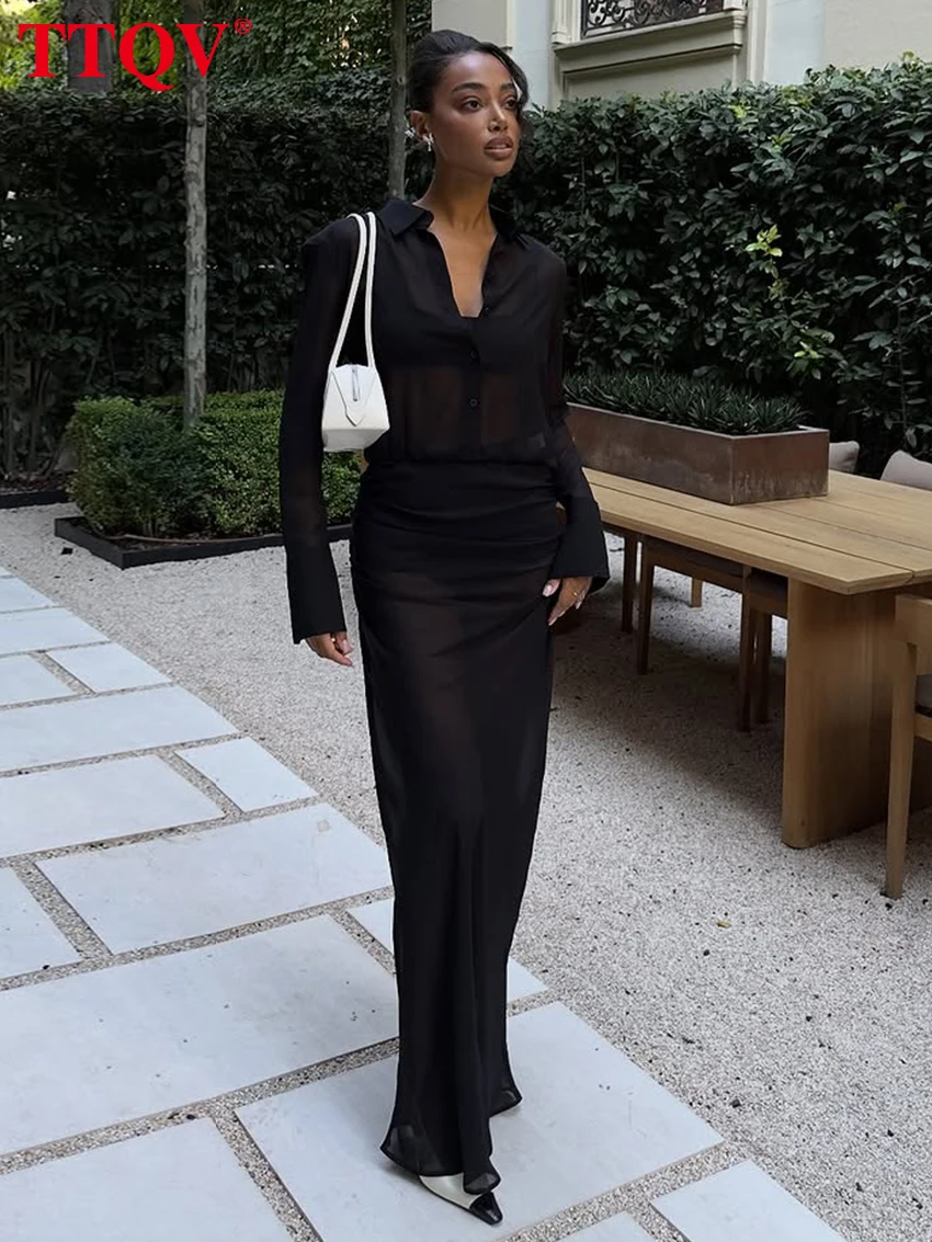 

TTQV Fashion Loose Black Women's Dress Sexy Lapel Long Sleeve Ankle Length Dresses Elegant Classic See Through Female Dress