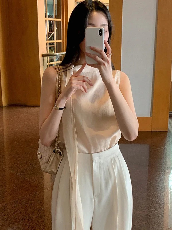 

Ele Thin Chiffon Vest irt Women's Summer New Sle f High Collar Sa Design Sensation Breathable Comfortable Top