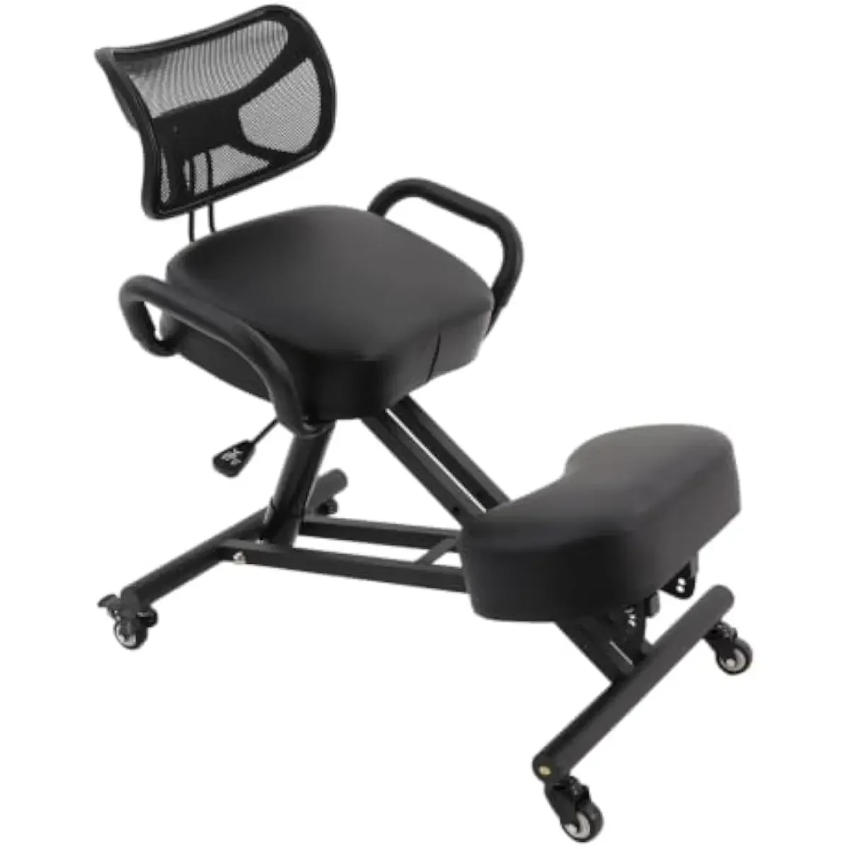 Ergonomic kneeling seat with supportive backrest adjustable height and tilt angle thick cushioned pads non-slip locking casters